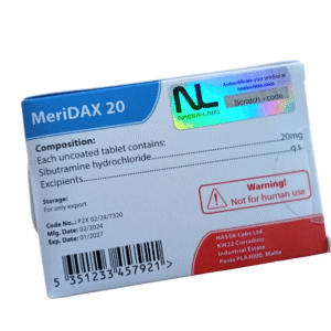Verpackung des Produkts MeriDAX 20 von Nassa-Labs mit der deklarierten Wirkstoffmenge Sibutramine Hydrochloride 20 mg, holografischem Echtheitssticker und dem Hinweis „Not for human use“.